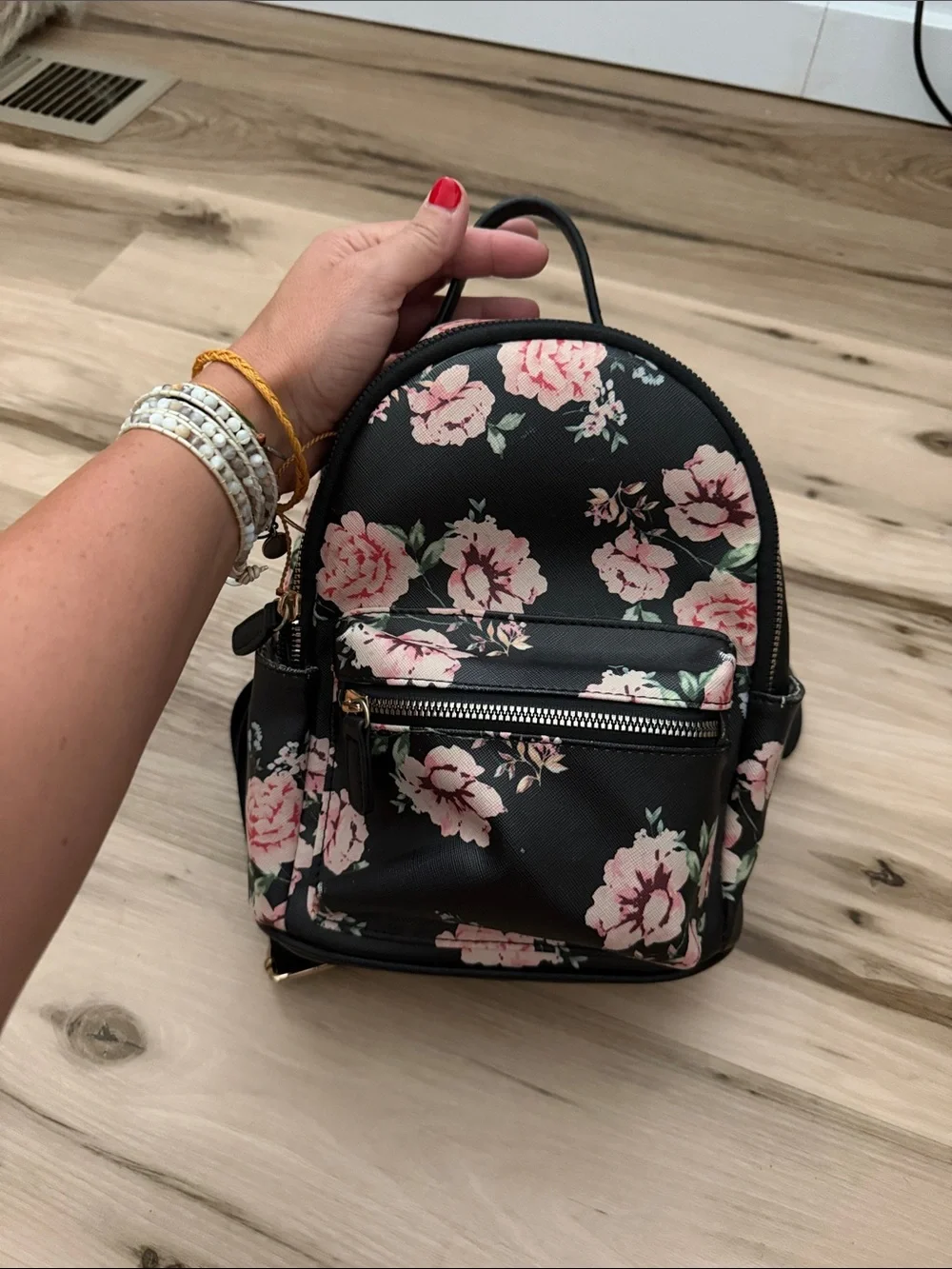 Black Floral Mini Backpack - Women's Lightweight Floral Bag